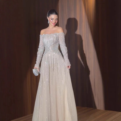 Luxury Beige Arabic A-Line Evening Dress 2026 For Wedding Party LA73333