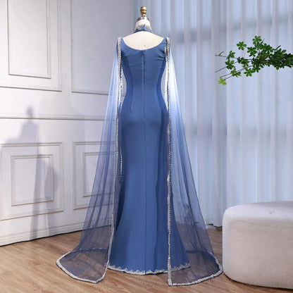 Luxury Blue Mermaid Beaded Evening Dress with Cape Sleeves LA72086