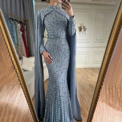 Modest Blue Muslim Beaded Evening Gown with Cape Sleeves LA72533