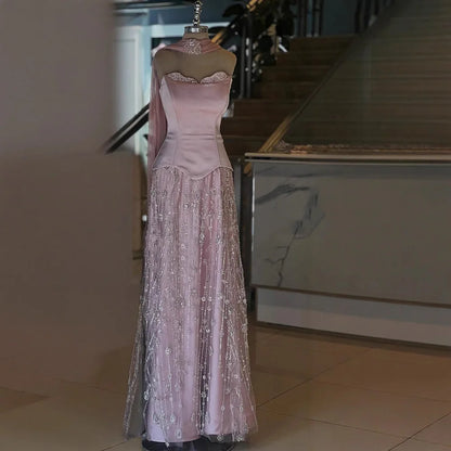 Luxury Sage Green and Pink Arabic Strapless Beaded Evening Dress LA72805D