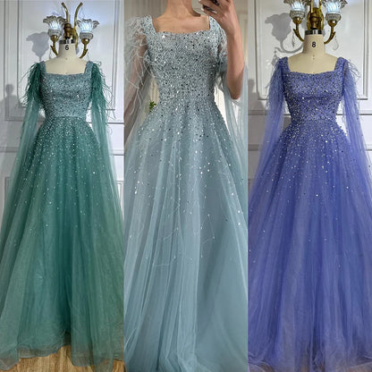 Luxury Blue A-Line Feathers Beaded Evening Dress with Cape Sleeves LA71782A