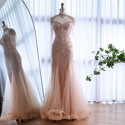 Luxury Dubai Beaded Blue Pink Evening Dress with Tassel Cape LA72897A