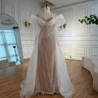 Elegant White Nude Sequin Beaded Mermaid Evening Gown LA72266C