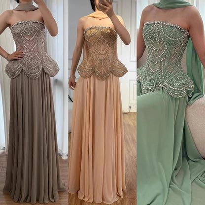Luxury Designer Nude Beaded Chiffon Evening Dress LA72915