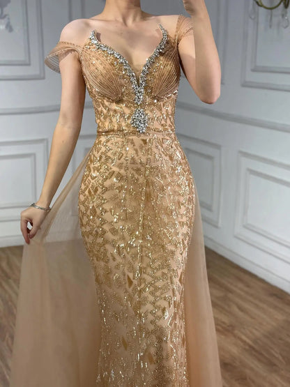 فستان سهرة وردي مطرز من سيرين هيل مكشوف الكتفين LA73413