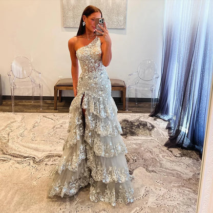 Luxury Silver Tiered Beaded One Shoulder Formal Evening Dress LA72593B