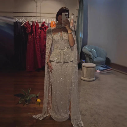 Luxury Silver Dubai Crystal Beaded Evening Dress with Cape LA73274