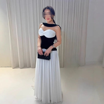 Chic Black and White Strapless A-Line Prom Dress LA73048