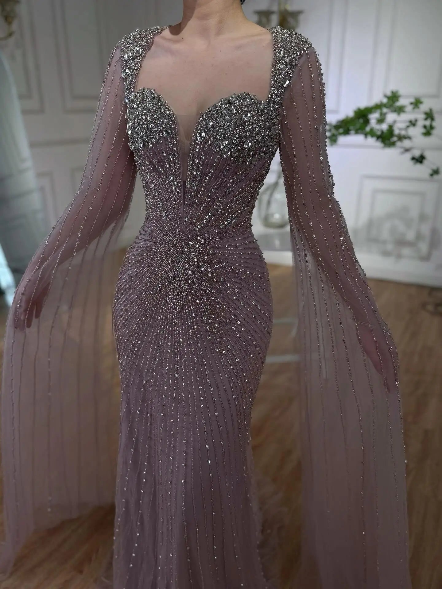 Luxury Caramel Crystal Beaded Mermaid Evening Dress with Cape LA72575D