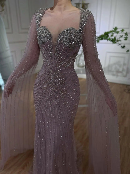 Luxury Caramel Crystal Beaded Mermaid Evening Dress with Cape LA72575D