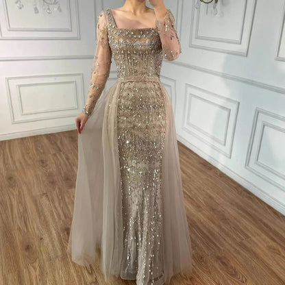 Luxury Arabic Square Neck Beaded Mermaid Evening Dress LA72714D