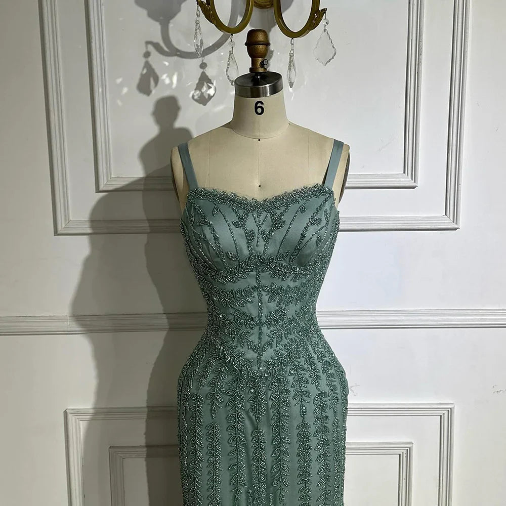 Luxury Arabic Blue Spaghetti Strap Mermaid Evening Dress Beaded LA72725