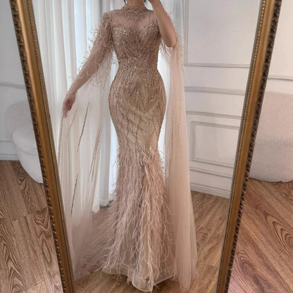 Luxury Nude Feather Beaded High Neck Formal Evening Dress for Women LA71885C