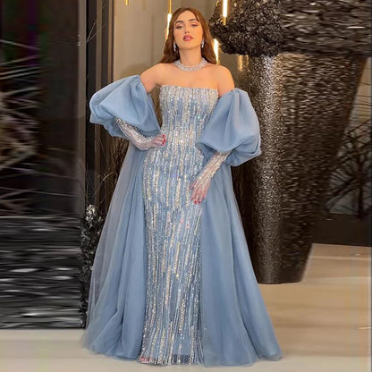 Luxury Dubai Arabic Blue Mermaid Balloon Sleeves Beaded Evening Dresses LA71823