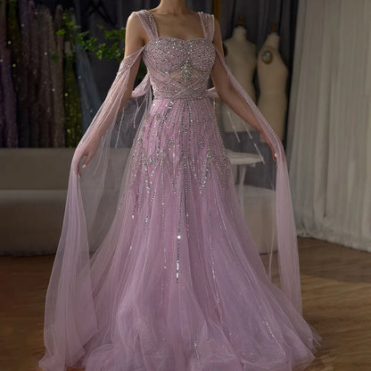 Luxury Dubai  pink Beaded Spaghetti Strap Design A-Line Evening Dresses Gowns with Cape Sleeves for Formal Occasion LA72726