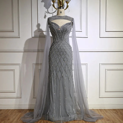 Luxury Nude Beaded Mermaid Evening Dress with Cape LA72814