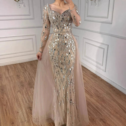 Luxury Arabic Nude Long Sleeve Mermaid Evening Dress LA73113A