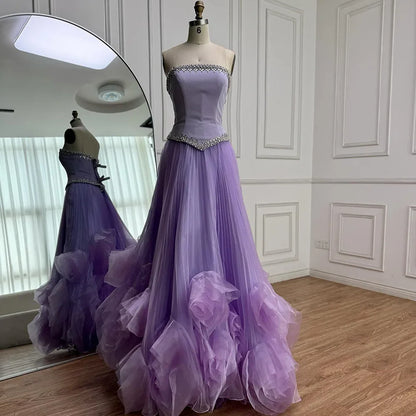 Luxury Lilac Strapless Beaded Evening Dress with Floral Train LA72913A