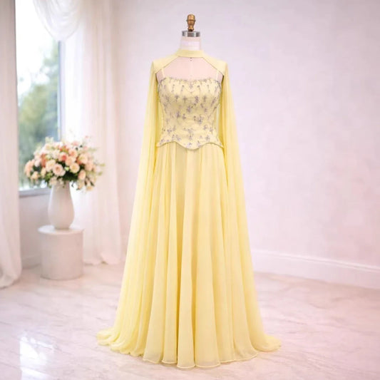 Luxury Yellow Stone Two Pieces Evening Dress with Cape LA73073A