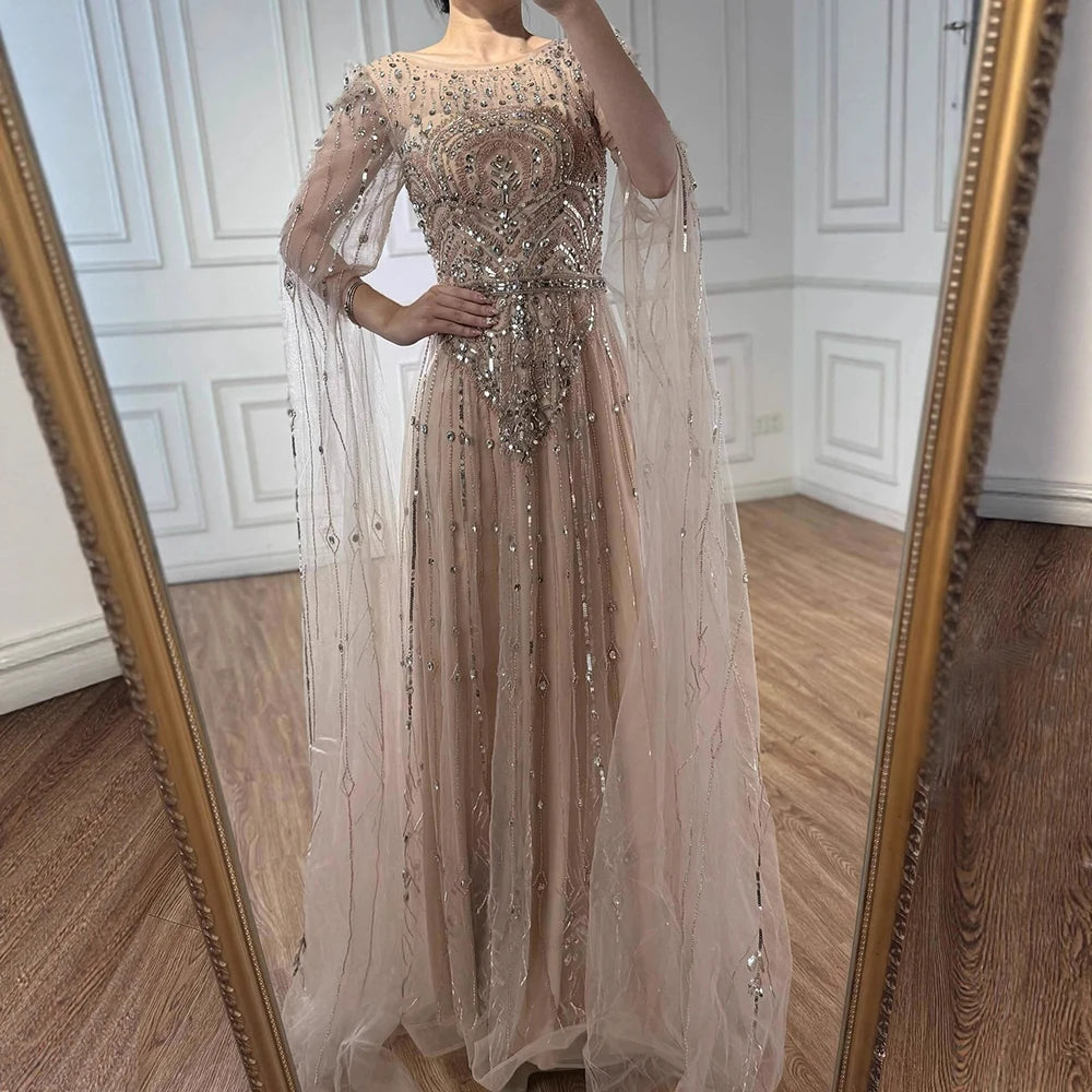 Luxury Designer Blue Beaded Stone Arabic Evening Dress With Cape Sleeve  LA72635