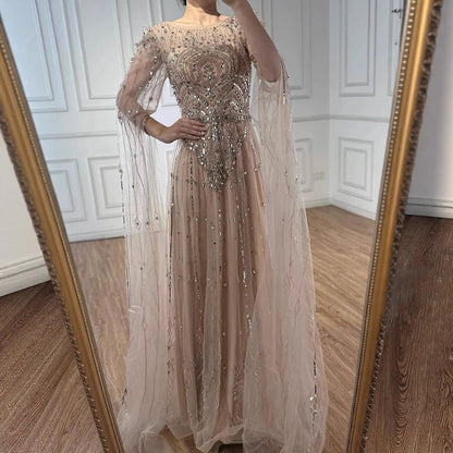 Luxury Designer Blue Beaded Stone Arabic Evening Dress With Cape Sleeve  LA72635