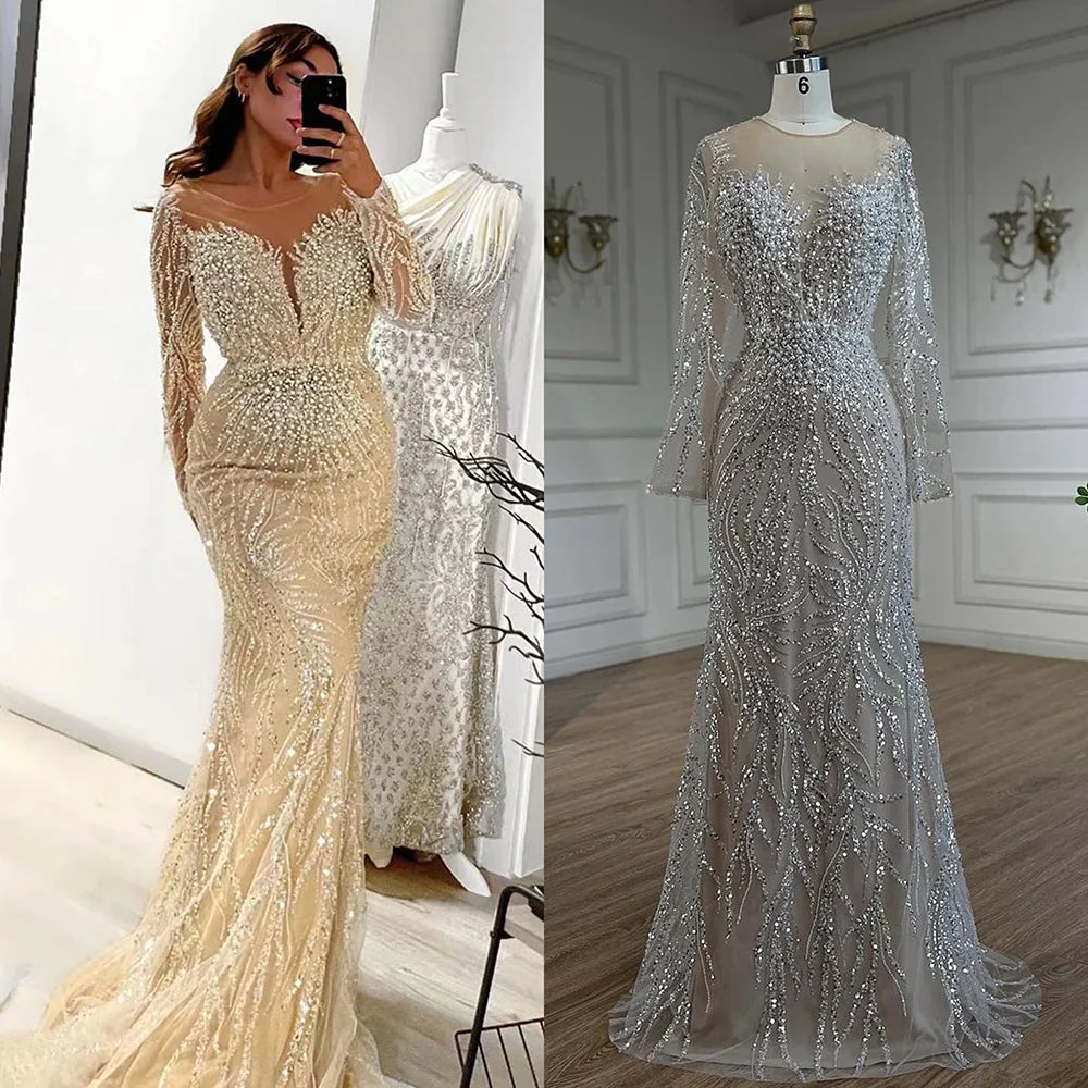 Luxury Dubai White Nude Mermaid Evening Dress With  Long Sleeve LA72634