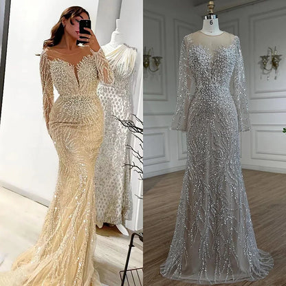 Luxury Dubai White Nude Mermaid Evening Dress With  Long Sleeve LA72634