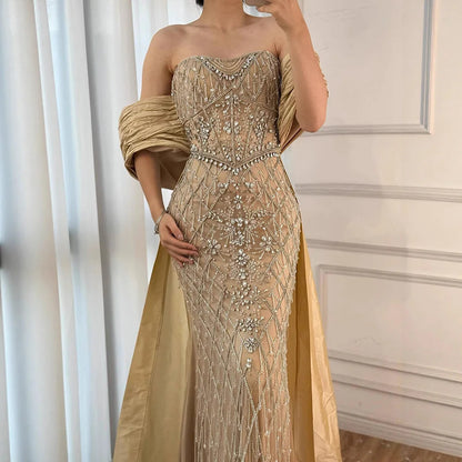 Luxury Dubai Nude Beaded Mermaid Evening Gown Off Shoulder Shawl Crystal Detailing for Formal Occasion   LA72819