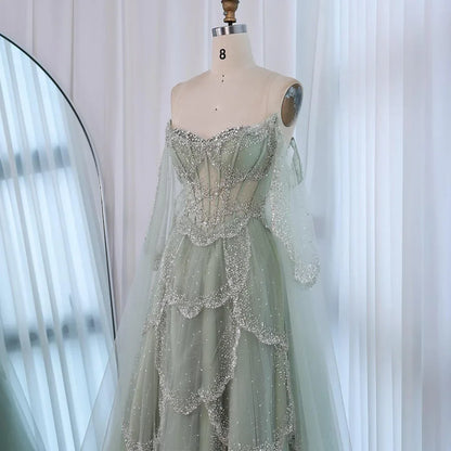 Luxury Arabic Sage Green Beaded A-Line Evening Dress with Cape LA72605A