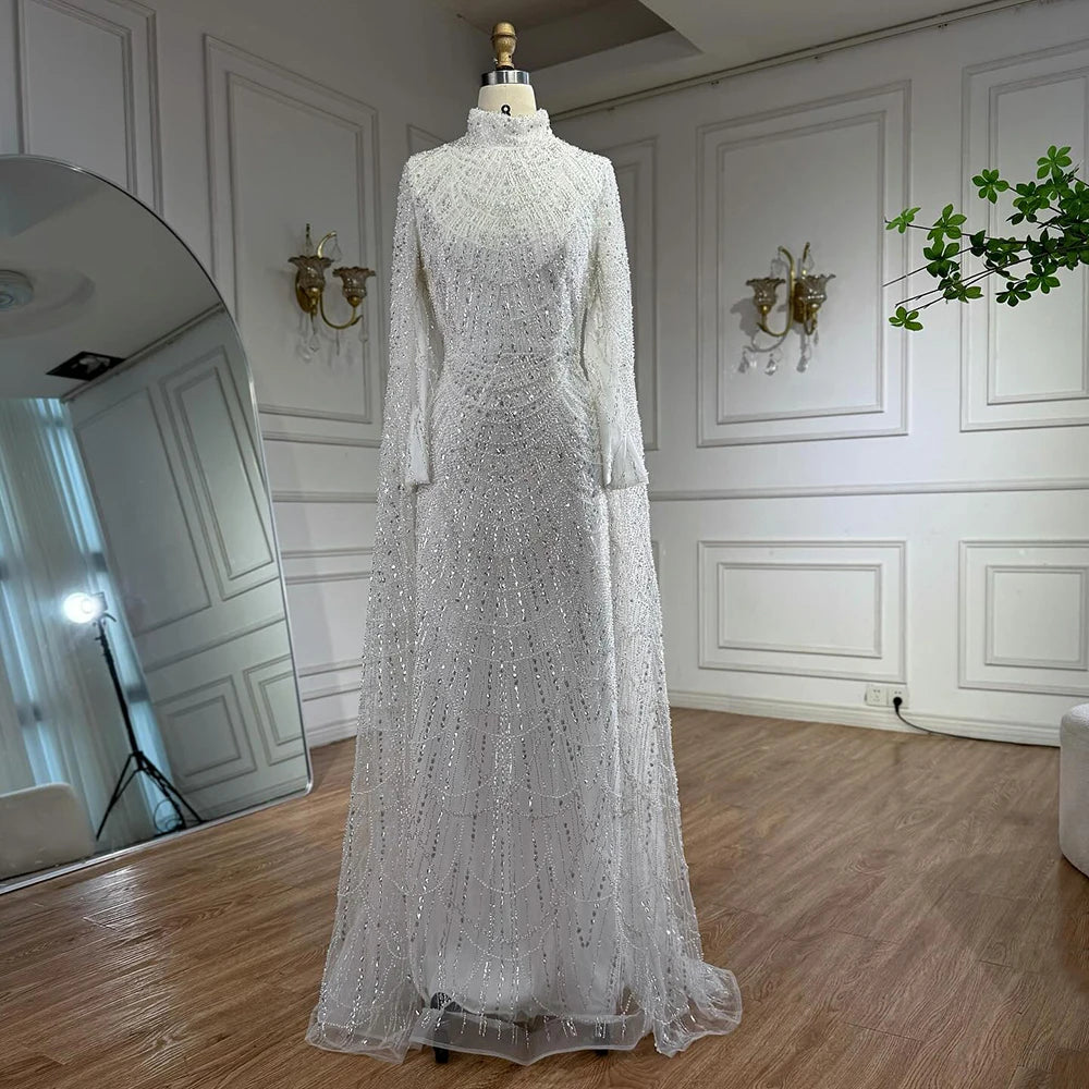 Luxury Dubai  Muslim Sage Green Pearls  Evening  Dress With Cape Plus Size LA72591