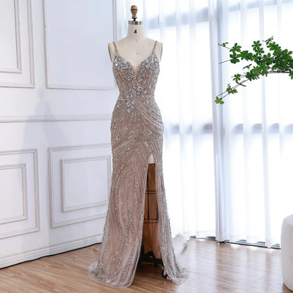 Luxury Nude Beaded High Slit Mermaid Evening Dress LA73340