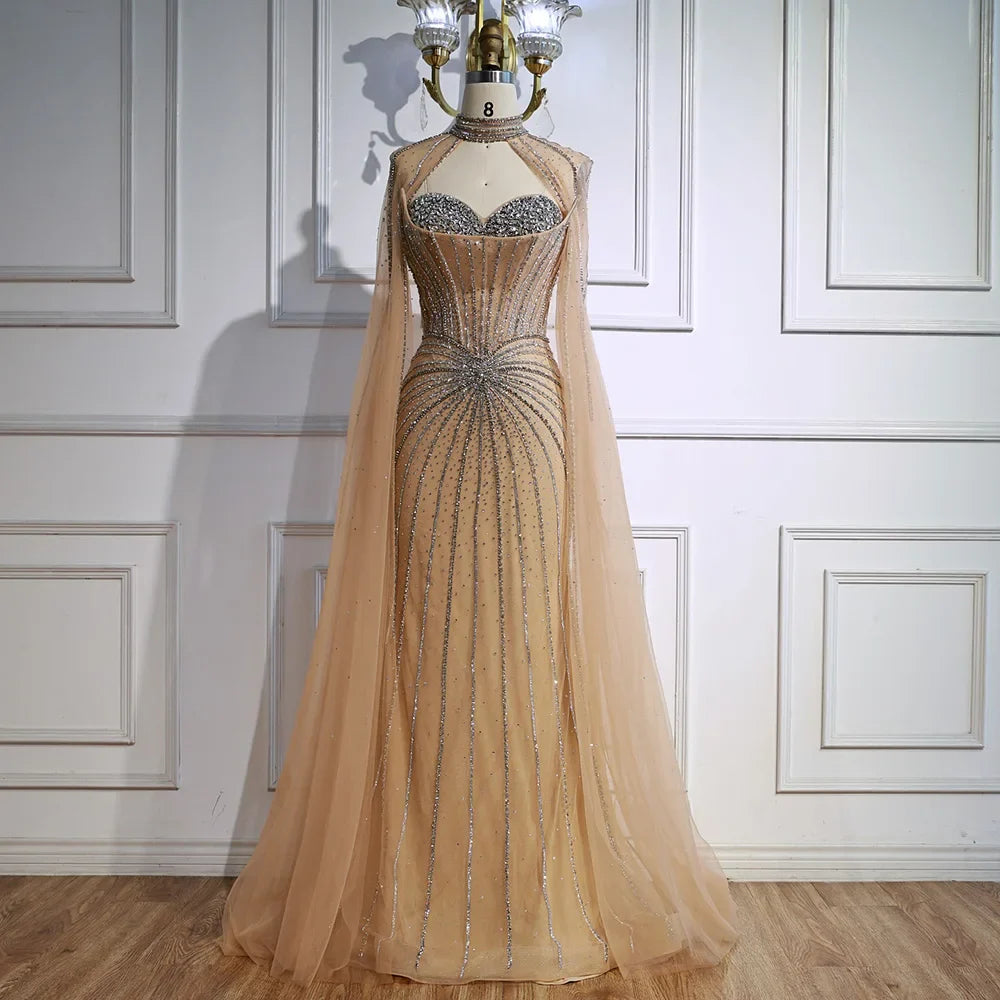 Nude Luxury Beaded Mermaid Evening Gown with Cape Sleeves LA72811A