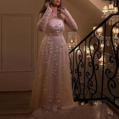 Elegant Peach 3D Flowers Evening Dress with Gloves Arabic Women Wedding Party LA72912