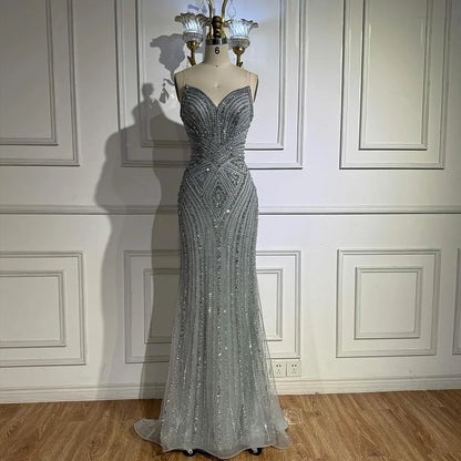 Luxury Nude V Neck Beaded Mermaid Evening Dress Sleeveless LA72981