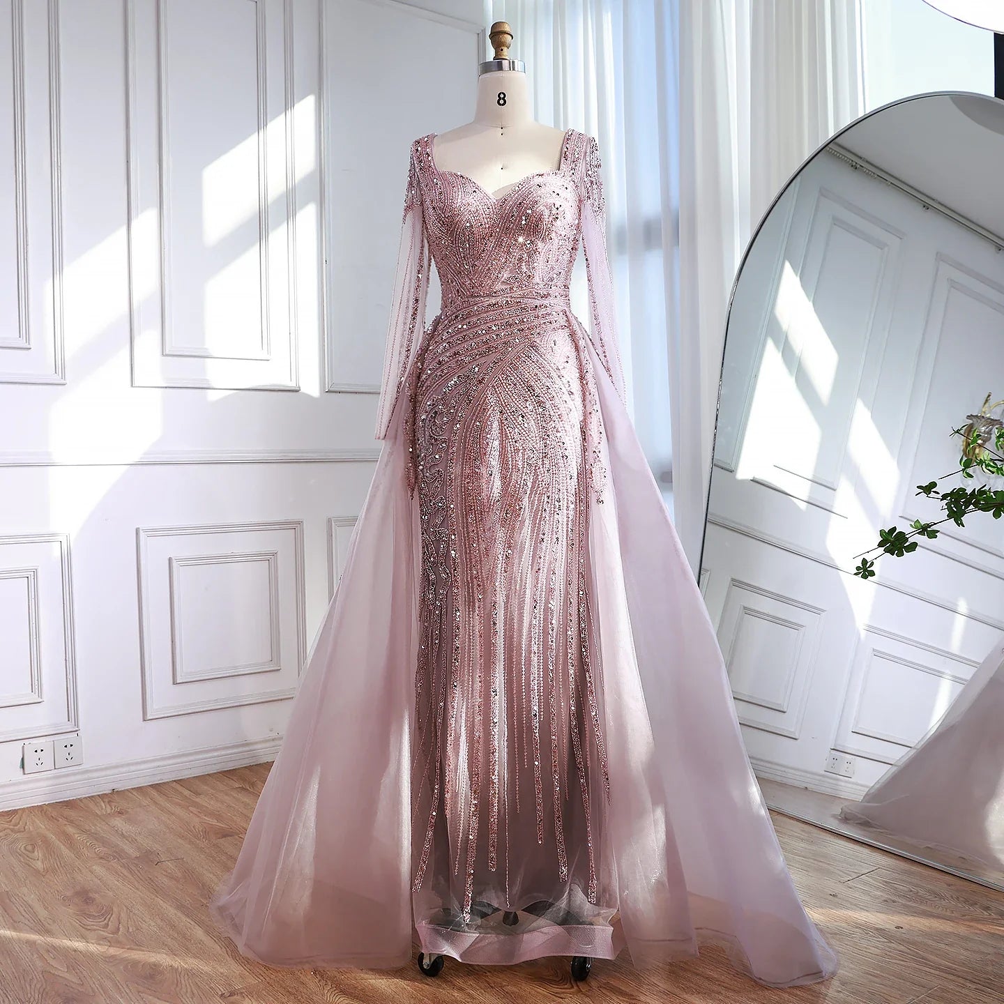 Luxury Dubai Pink Evening Dress Long Sleeve with Train LA73198