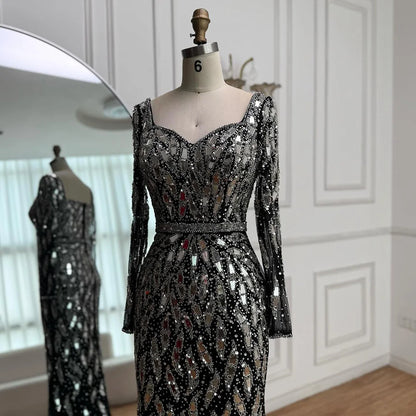 Luxury Black Silver Sequin Long Sleeve Mermaid Evening Dress LA73113