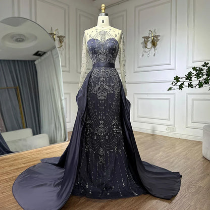 Luxury Dubai Blue Crystal Beaded Evening Dress with Overskirt LA72757