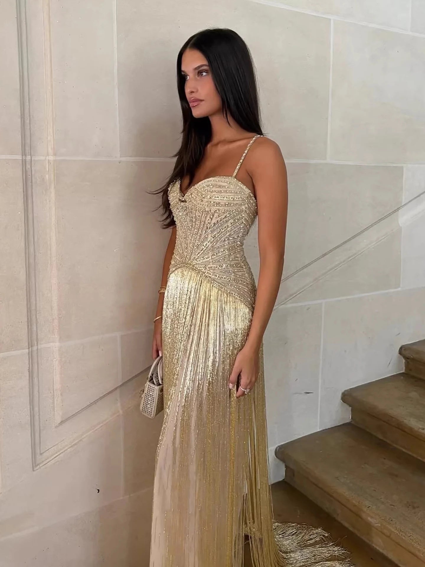 Luxury Arabic Gold Mermaid Beaded Tassel Evening Dress LA73446