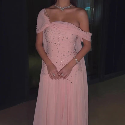 Luxury Pink Chiffon Beaded A-Line Evening Dress with Sheer Cape LA73347