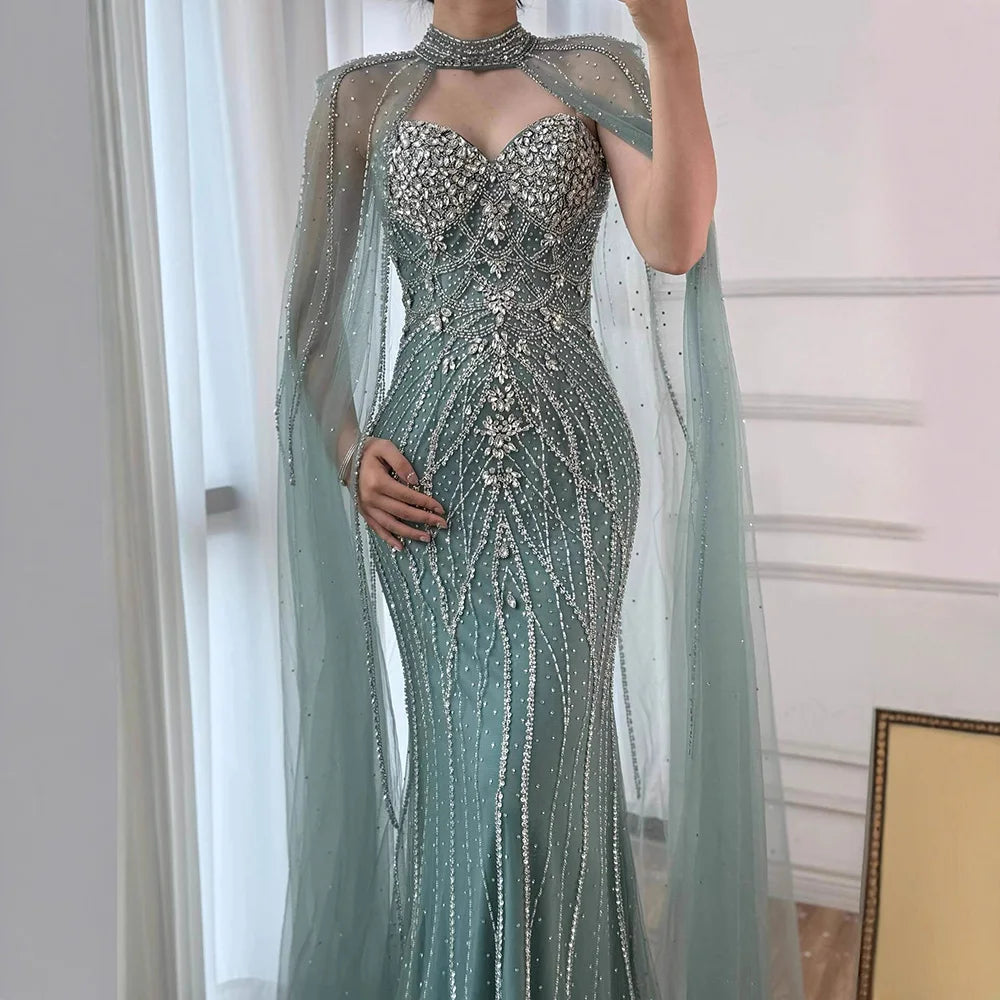 Luxury Pink Beaded Cape Sleeve Arabic Evening Dress LA73134