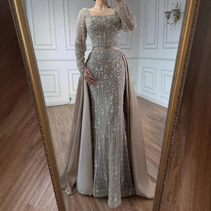 Luxury Arabic Turquoise Mermaid Beaded Evening Gown with Overskirt LA72533A