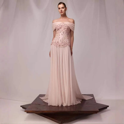 Luxury Pink A-Line Beaded Evening Dress LA73438