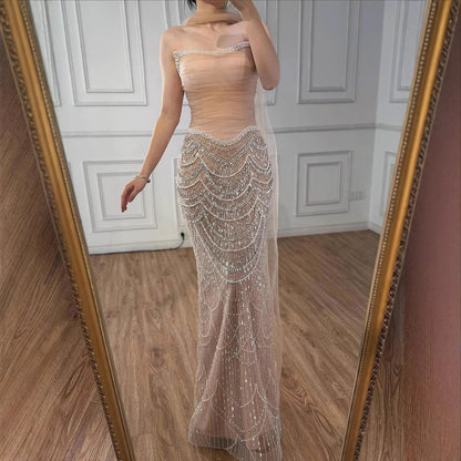 Luxury Nude Mermaid Crystal Evening Dress for Wedding Guest LA73320