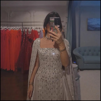 Luxury Silver Dubai Crystal Evening Dress with Cape LA73272