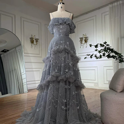 Luxury Dubai  Arabic Gray A-Line Off-The-Shoulder Beaded Luxury Saudi Evening Gown for Formal Occasion LA72762
