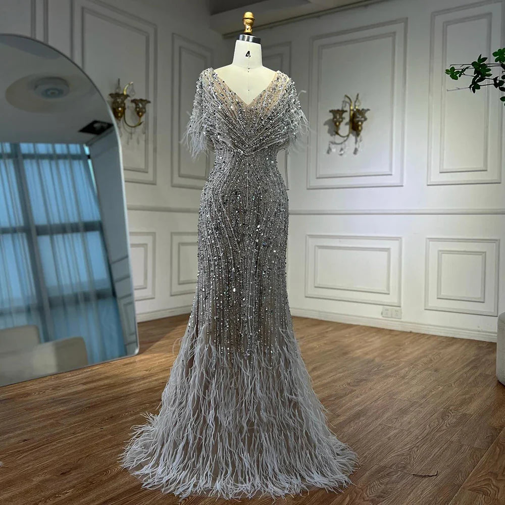 Luxury White Nude Beaded Feather Mermaid Evening DressLA72837