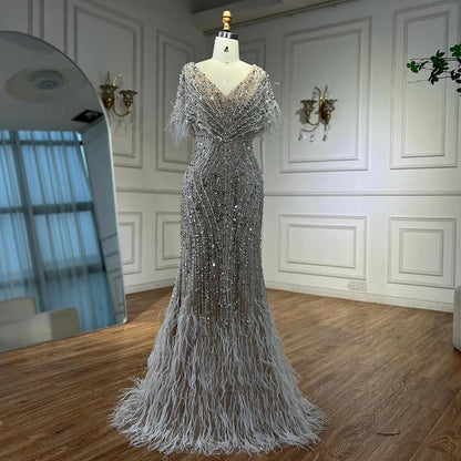 Luxury White Nude Beaded Feather Mermaid Evening DressLA72837