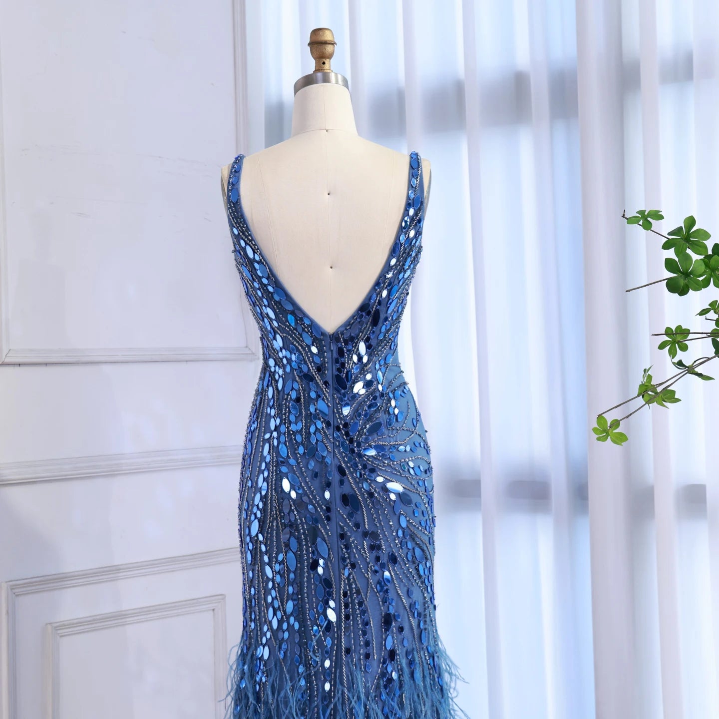 Luxury Blue Beaded Feather Mermaid Evening Dress LA73369
