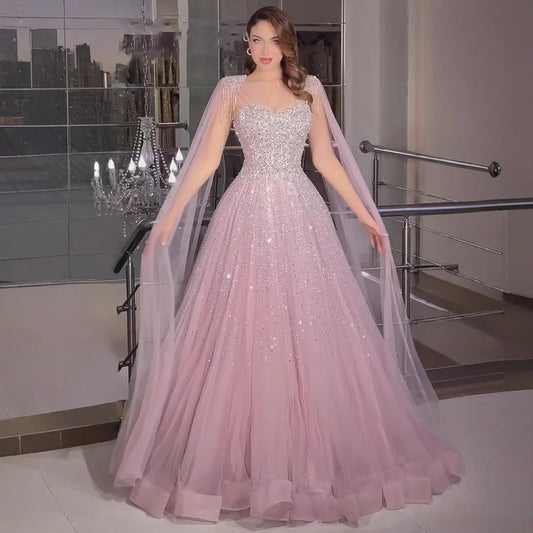 Luxury Pink Tulle Beaded A-Line Evening Dress with Cape Sleeves LA73072