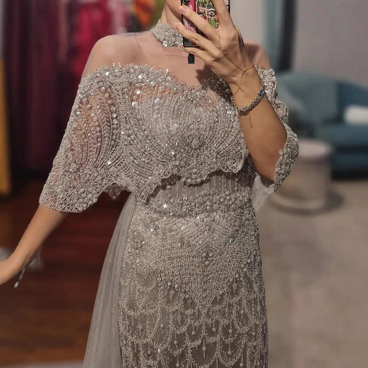 Luxury Gray Beaded Evening Dress with Overskirt LA73129